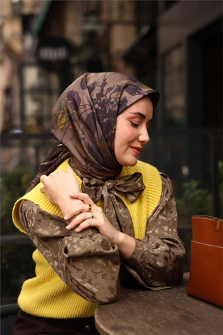 Twill İpek Eşarp Vizon-Asit Çiçek Desenli Kaymaz Tok Duruşlu 90X90