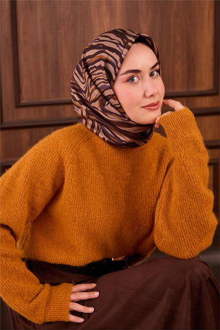 Twill İpek Eşarp Vizon Kehribar Geometrik Desenli Tok Duruşlu 90X90