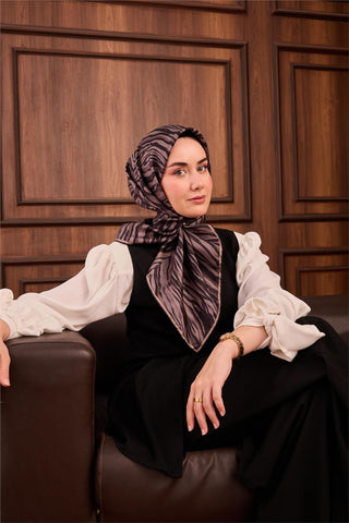 Twill İpek Eşarp Vizon Siyah Koyu Vizon Dalga Desenli Tok Duruşlu 90X90