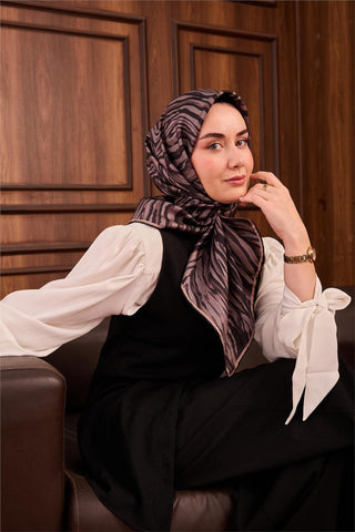 Twill İpek Eşarp Vizon Siyah Koyu Vizon Dalga Desenli Tok Duruşlu 90X90