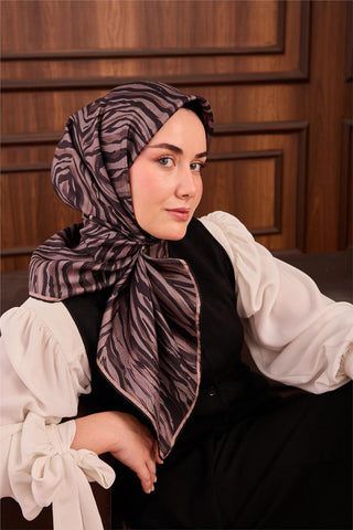Twill İpek Eşarp Vizon Siyah Koyu Vizon Dalga Desenli Tok Duruşlu 90X90