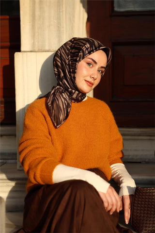 Twill İpek Eşarp Vizon Acı Kahve Çizgili Tok Duruşlu 90X90