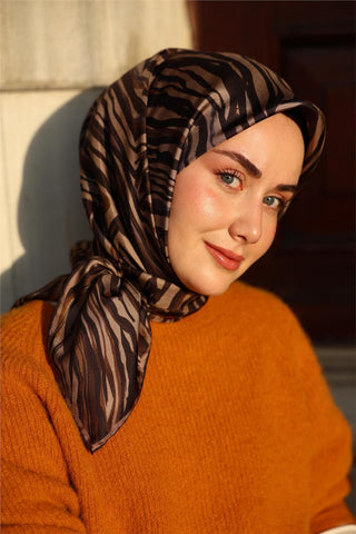 Twill İpek Eşarp Vizon Acı Kahve Çizgili Tok Duruşlu 90X90
