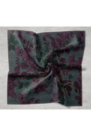 Twill İpek Eşarp Koyu Yeşil-Mor Çiçek Desenli Tok Duruşlu Kaymaz 90X90