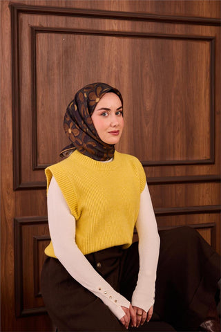 Twill İpek Eşarp Yeşil Hardal Kehribar Papatya Desenli Tok Duruşlu 90X90