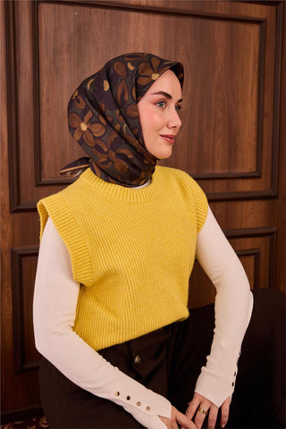 Twill İpek Eşarp Yeşil Hardal Kehribar Papatya Desenli Tok Duruşlu 90X90