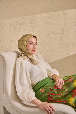 Twill İpek Mandala Eşarp Açık Sarı 90x90