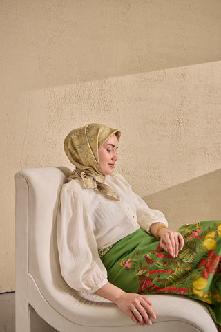 Twill İpek Mandala Eşarp Açık Sarı 90x90
