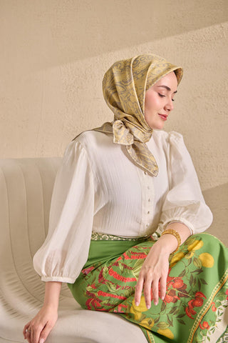 Twill İpek Mandala Eşarp Açık Sarı 90x90