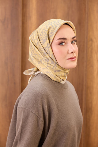 Twill İpek Mandala Eşarp Açık Sarı 90x90
