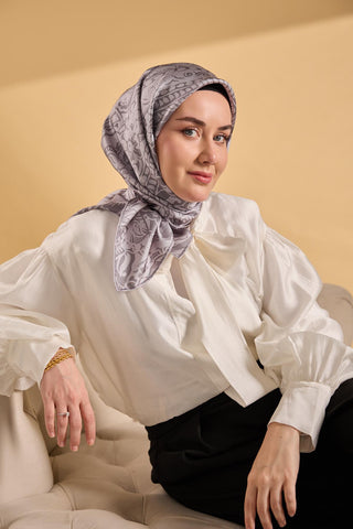Twill İpek Mandala Eşarp Gri 90x90