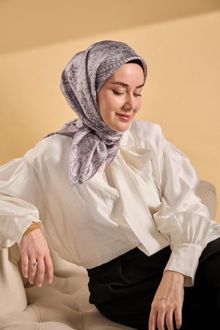 Twill İpek Mandala Eşarp Gri 90x90