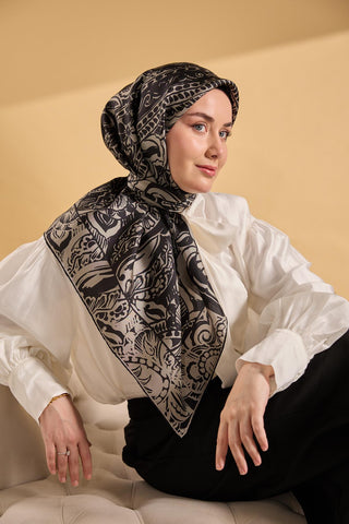 Twill İpek Mandala Eşarp Küf Yeşili 90x90