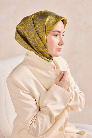 Twill İpek Mandala Eşarp Yağ Yeşili 90x90