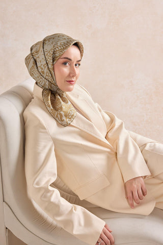 Twill İpek Mandala Eşarp Yeşil Bej 90x90