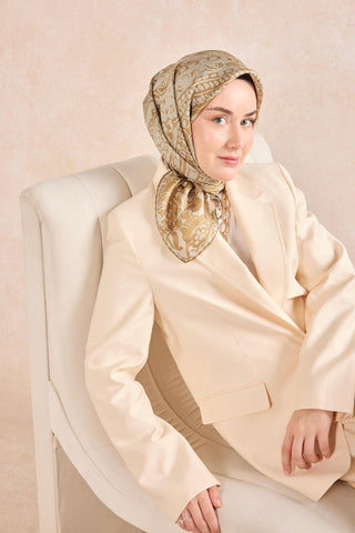 Twill İpek Mandala Eşarp Yeşil Bej 90x90