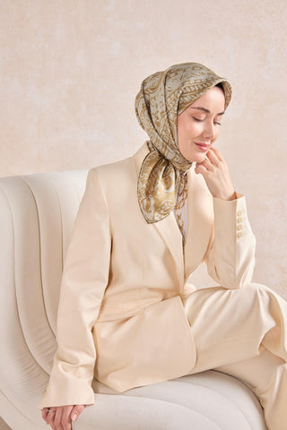 Twill İpek Mandala Eşarp Yeşil Bej 90x90
