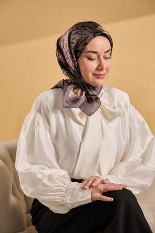 Twill İpek Mercan Eşarp Koyu Gri 90x90 - Twill İpek Eşarp - | Silk Home