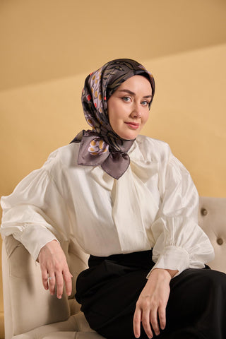 Twill İpek Mercan Eşarp Koyu Gri 90x90 - Twill İpek Eşarp - | Silk Home