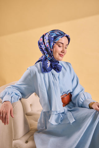 Twill İpek Mercan Eşarp Koyu Mavi 90x90 - Twill İpek Eşarp - | Silk Home