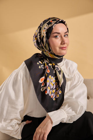 Twill İpek Mercan Eşarp Siyah 90x90 - Twill İpek Eşarp - | Silk Home