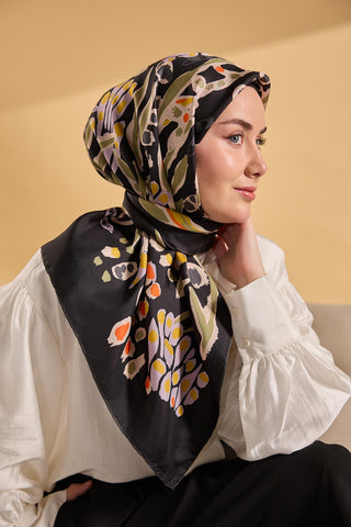 Twill İpek Mercan Eşarp Siyah 90x90 - Twill İpek Eşarp - | Silk Home