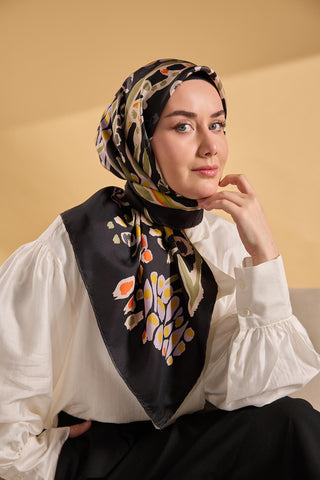 Twill İpek Mercan Eşarp Siyah 90x90 - Twill İpek Eşarp - | Silk Home