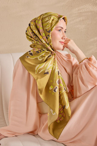 Twill İpek Mercan Eşarp Yağ Yeşili 90x90 - Twill İpek Eşarp - | Silk Home