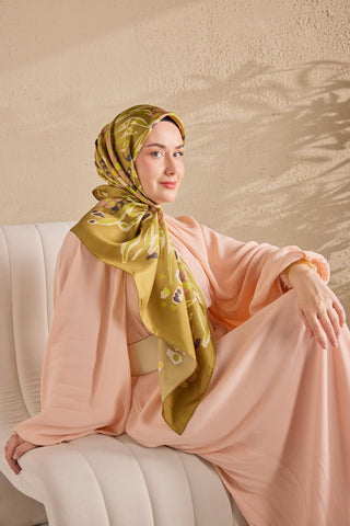 Twill İpek Mercan Eşarp Yağ Yeşili 90x90 - Twill İpek Eşarp - | Silk Home