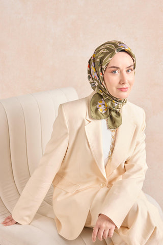 Twill İpek Mercan Eşarp Yeşil 90x90 - Twill İpek Eşarp - | Silk Home