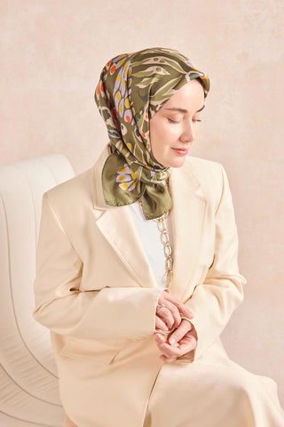 Twill İpek Mercan Eşarp Yeşil 90x90 - Twill İpek Eşarp - | Silk Home
