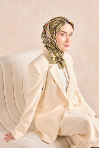 Twill İpek Mercan Eşarp Yeşil 90x90 - Twill İpek Eşarp - | Silk Home