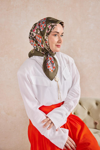 Twill İpek Mercan Eşarp Yeşil Kahve 90x90 - Twill İpek Eşarp - | Silk Home