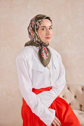 Twill İpek Mercan Eşarp Yeşil Kahve 90x90 - Twill İpek Eşarp - | Silk Home