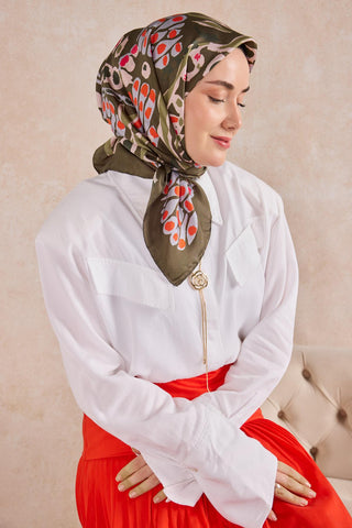 Twill İpek Mercan Eşarp Yeşil Kahve 90x90 - Twill İpek Eşarp - | Silk Home