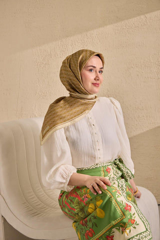 Twill İpek Mono Eşarp Bej 90x90 - Twill İpek Eşarp - | Silk Home