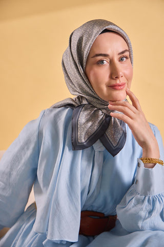 Twill İpek Mono Eşarp Mavi Gri 90x90 - Twill İpek Eşarp - | Silk Home