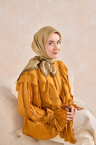Twill İpek Mono Eşarp Yeşil Bej 90x90 - Twill İpek Eşarp - | Silk Home
