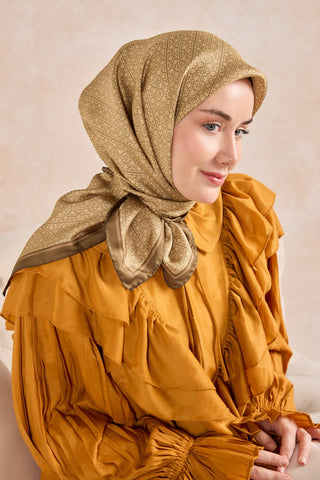 Twill İpek Mono Eşarp Yeşil Bej 90x90 - Twill İpek Eşarp - | Silk Home