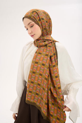 Urban Hours Blok Desen Kahve Yeşil Mayda Şal 190x70