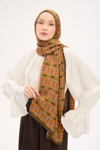 Urban Hours Blok Desen Kahve Yeşil Mayda Şal 190x70 - Mayda Şal - | Silk Home