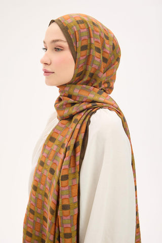 Urban Hours Blok Desen Kahve Yeşil Mayda Şal 190x70 - Mayda Şal - | Silk Home