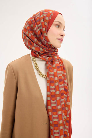 Urban Hours Blok Desen Kiremit Kırmızı Mayda Şal 190x70