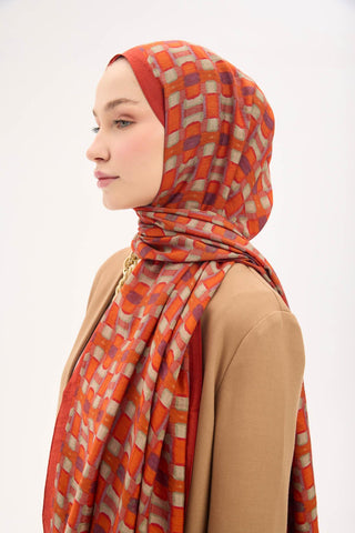 Urban Hours Blok Desen Kiremit Kırmızı Mayda Şal 190x70