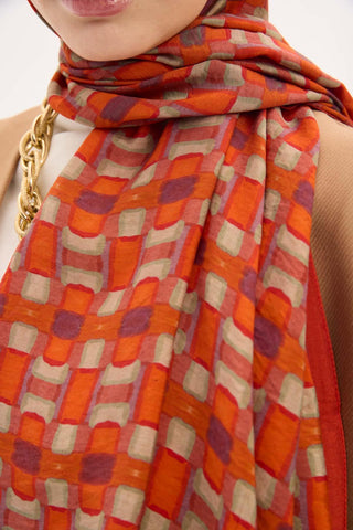 Urban Hours Blok Desen Kiremit Kırmızı Mayda Şal 190x70