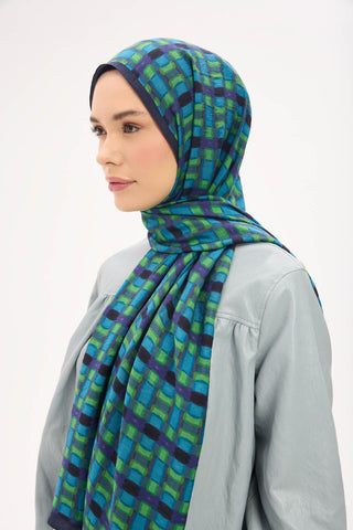 Urban Hours Blok Desen Koyu Indigo Mayda Şal 190x70 - Mayda Şal - | Silk Home