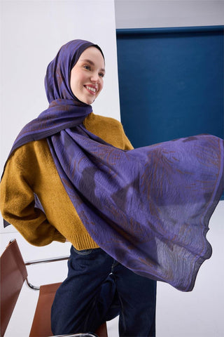 Viskon Mayda Şal Mor Zeminli Koyu Mor Ve Sütlü Kahve Tonlu Desenli Yumuşak Dokulu 190X70 - Mayda Şal - | Silk Home