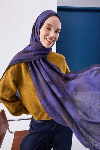 Viskon Mayda Şal Mor Zeminli Koyu Mor Ve Sütlü Kahve Tonlu Desenli Yumuşak Dokulu 190X70 - Mayda Şal - | Silk Home