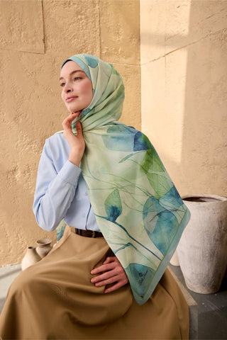 Polyester Velina Shawl, Baby Blue-Aqua Green Patterned, Shiny Textured, Lightweight, 190x70 cm