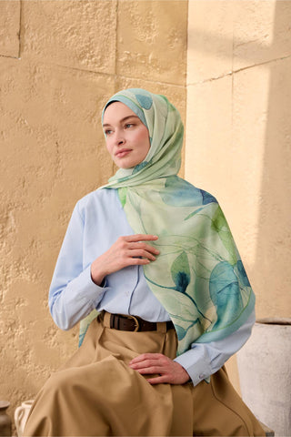 Polyester Velina Şal Bebe Mavi-Su Yeşili Desenli Parlak Dokulu Hafif 190X70